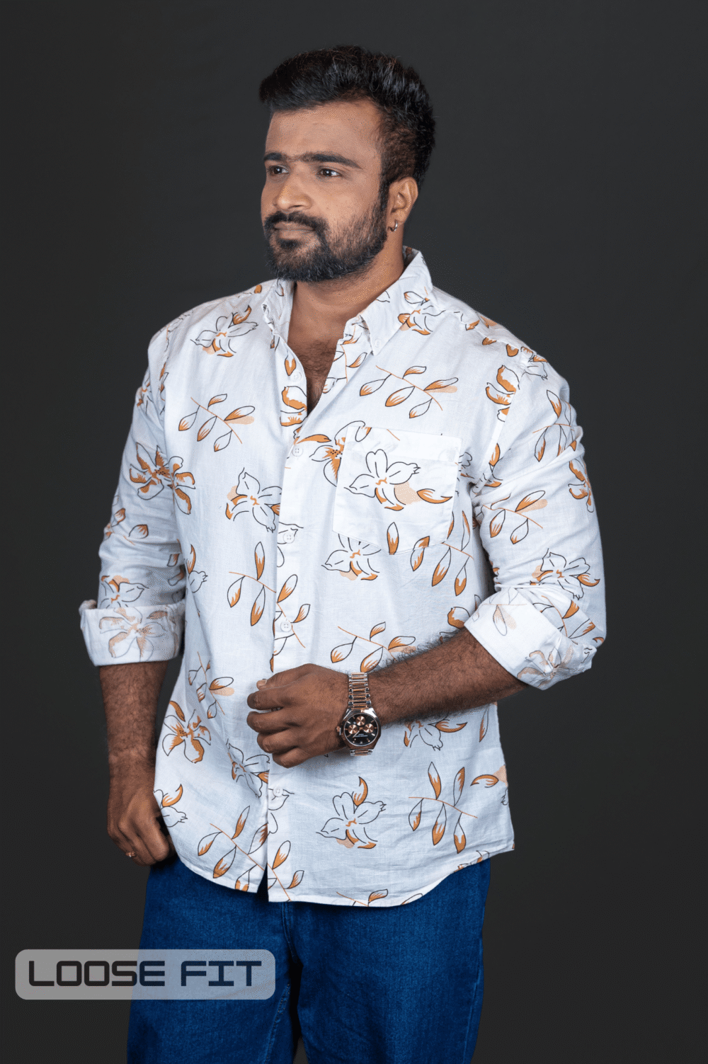 Linen Leaf Print White & Orange Shirt