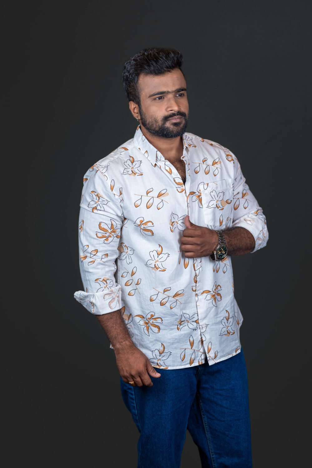 Alternative view of Linen Leaf Print White & Orange Shirt